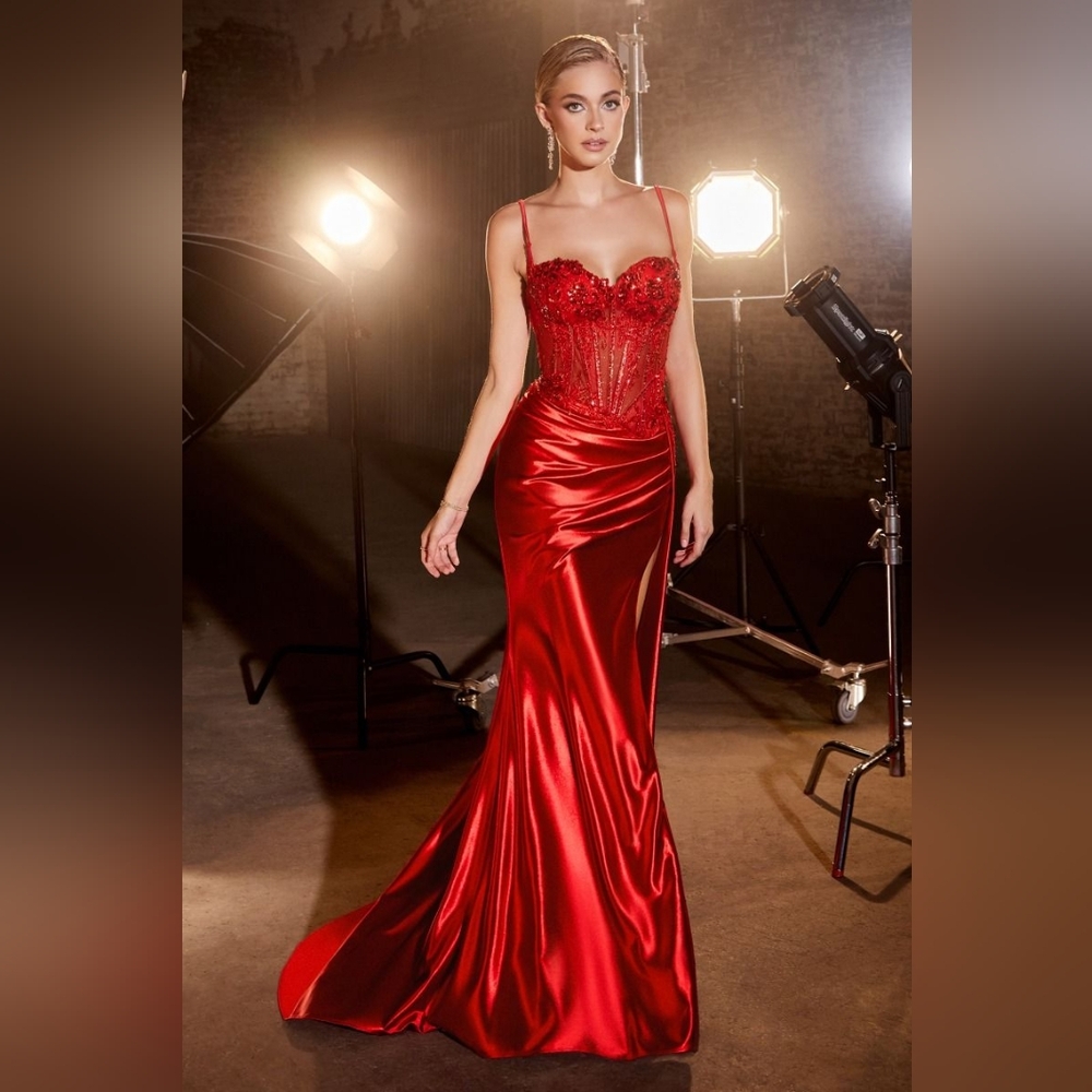 Embellished Lace & Satin Fitted Gown In Red CD868